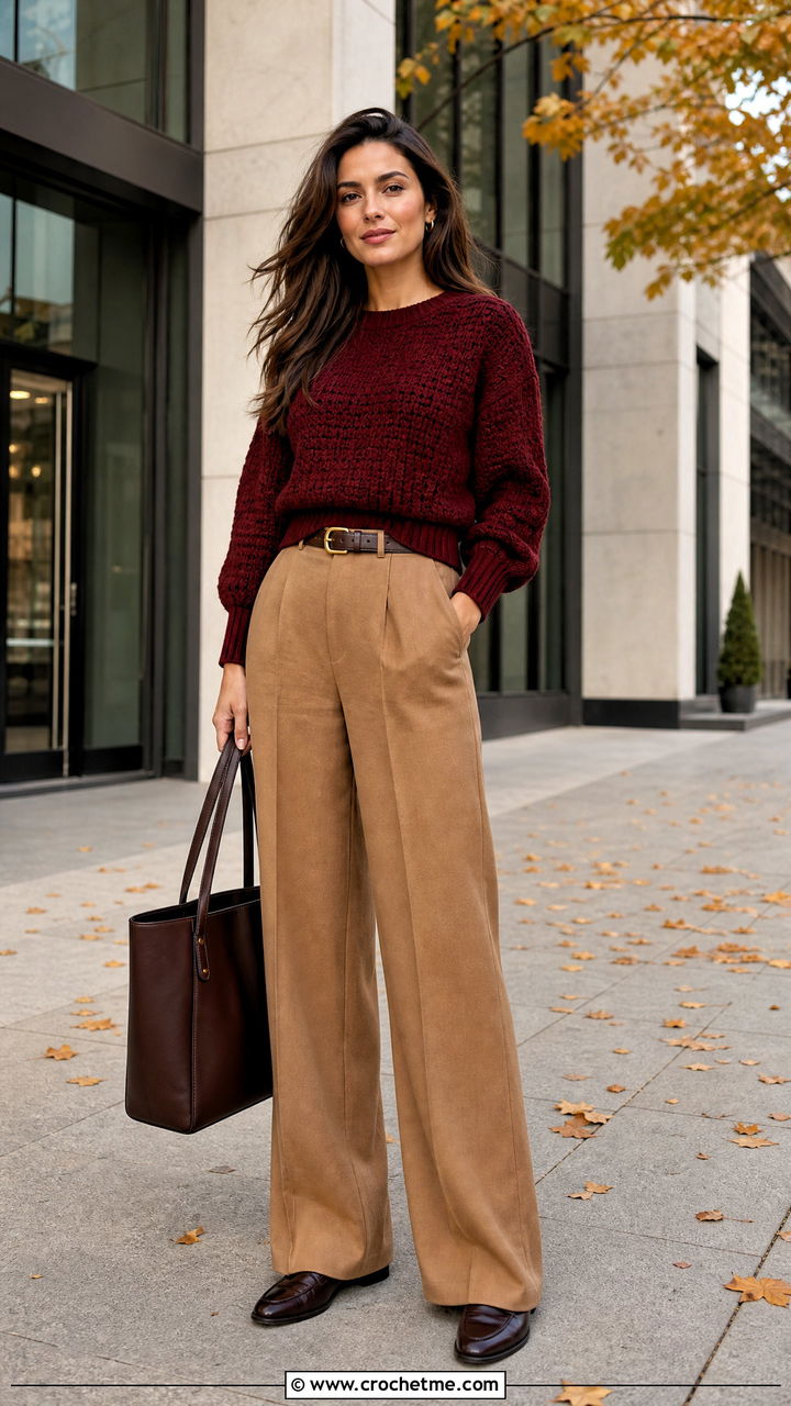 Crochet Pullover Sweater With Wide Leg Trousers - 35 fall crochet clothes and outfit ideas