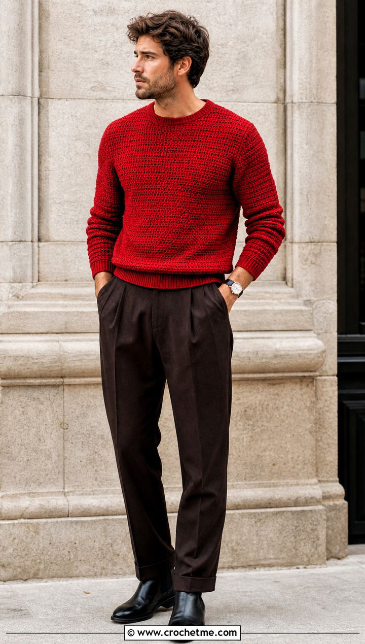 Crochet Pullover Sweater With Wool Pants - 25 Crochet Men Clothing and outfit ideas