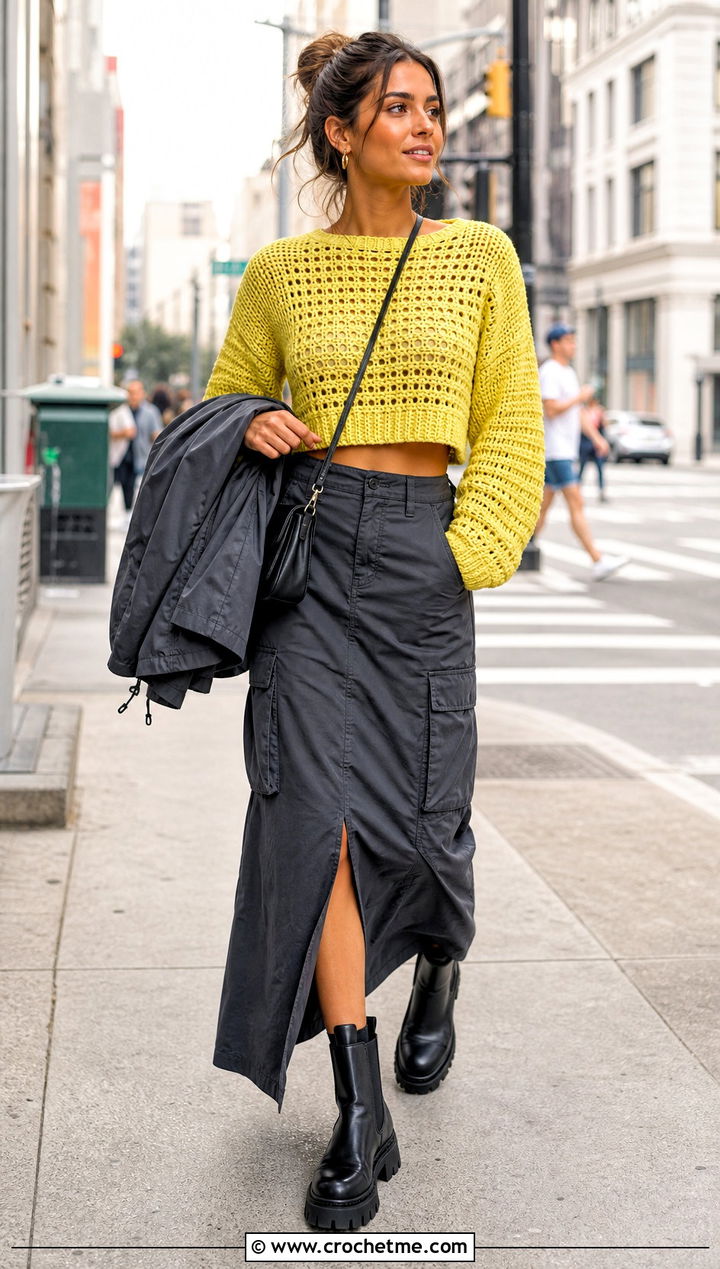 Crochet Pullover With Cargo Maxi Skirt - 30 winter crochet clothes ideas