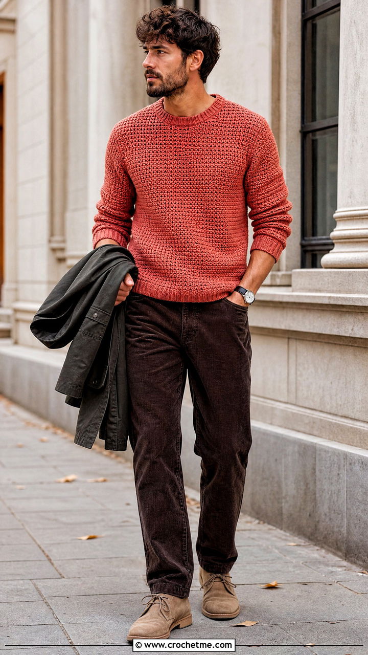 Crochet Pullover With Corduroy Pants - 35 crochet clothes for men outfit ideas
