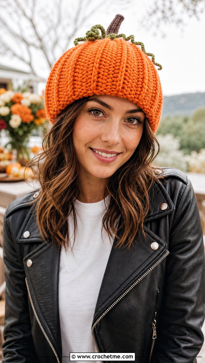 Crochet Pumpkin Beanie With Leather Jacket - 15 Crochet Thanksgiving Hat outfit ideas