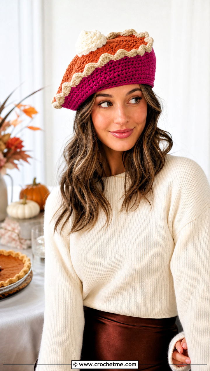Crochet Pumpkin Pie Beret With Satin Skirt - 15 Crochet Thanksgiving Hat outfit ideas