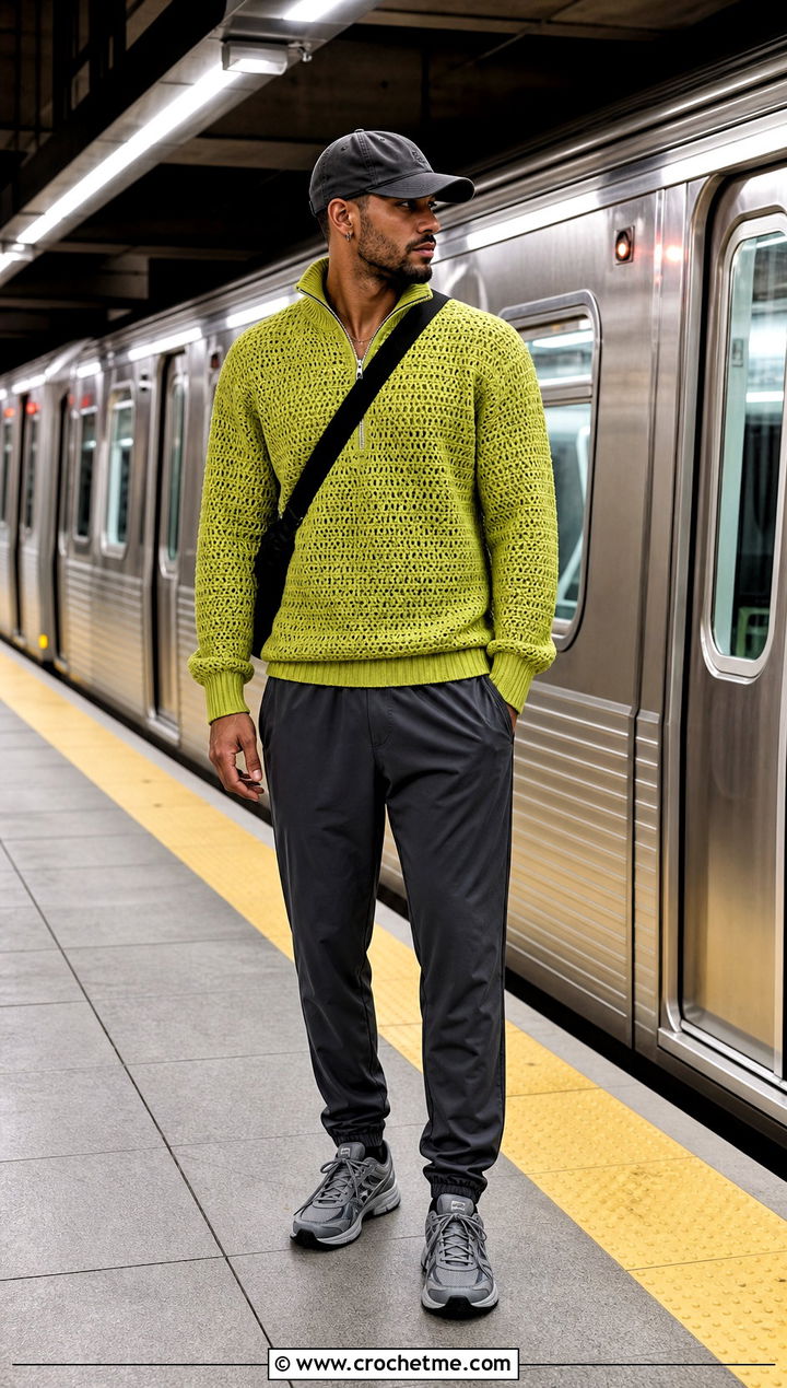 Crochet Quarter Zip Sweater With Track Pants - 30 Easy Crochet Mens Sweater outfit ideas