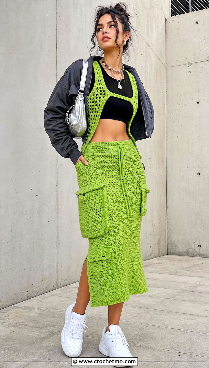 Crochet Racer Tank And Cargo Skirt Set - 30 crochet top and bottom set outfit ideas