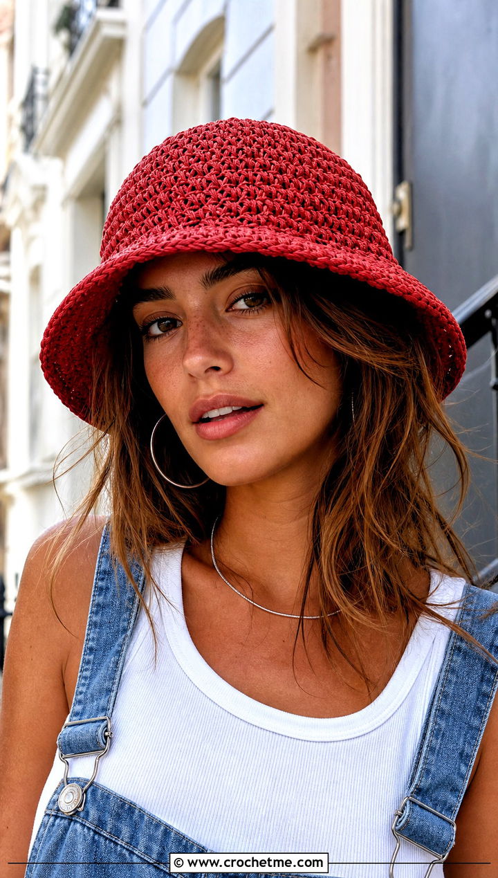 Crochet Raffia Bucket Hat With Denim Overalls - 30 crochet raffia hat outfit ideas