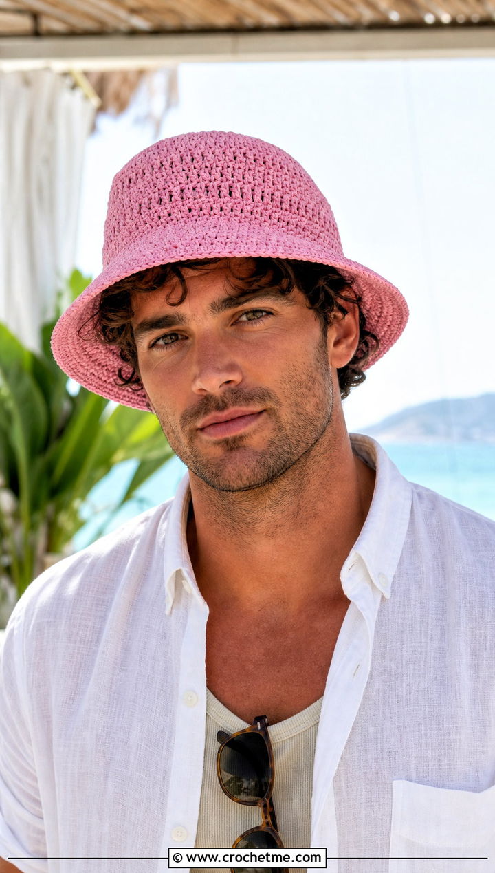 Crochet Raffia Bucket Hat With Linen Shirt - 15 Crochet Mens Hats outfit ideas