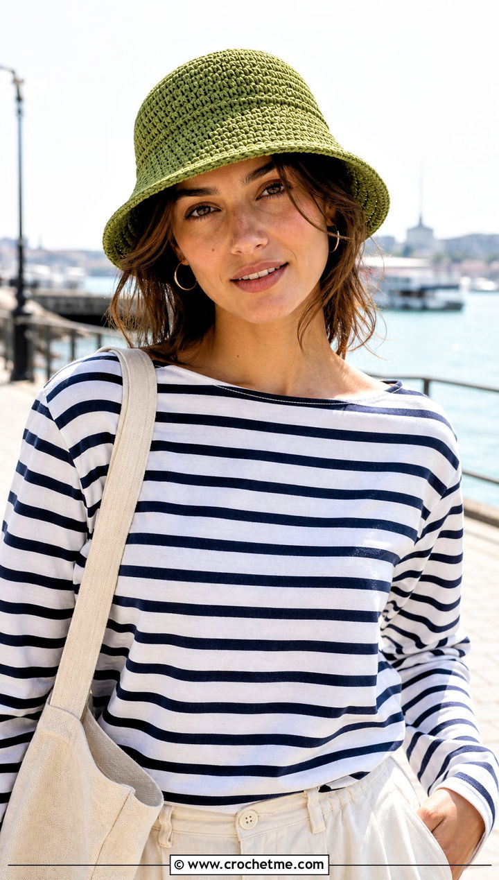 Crochet Raffia Fisherman Hat With Striped Shirt - 30 crochet raffia hat outfit ideas