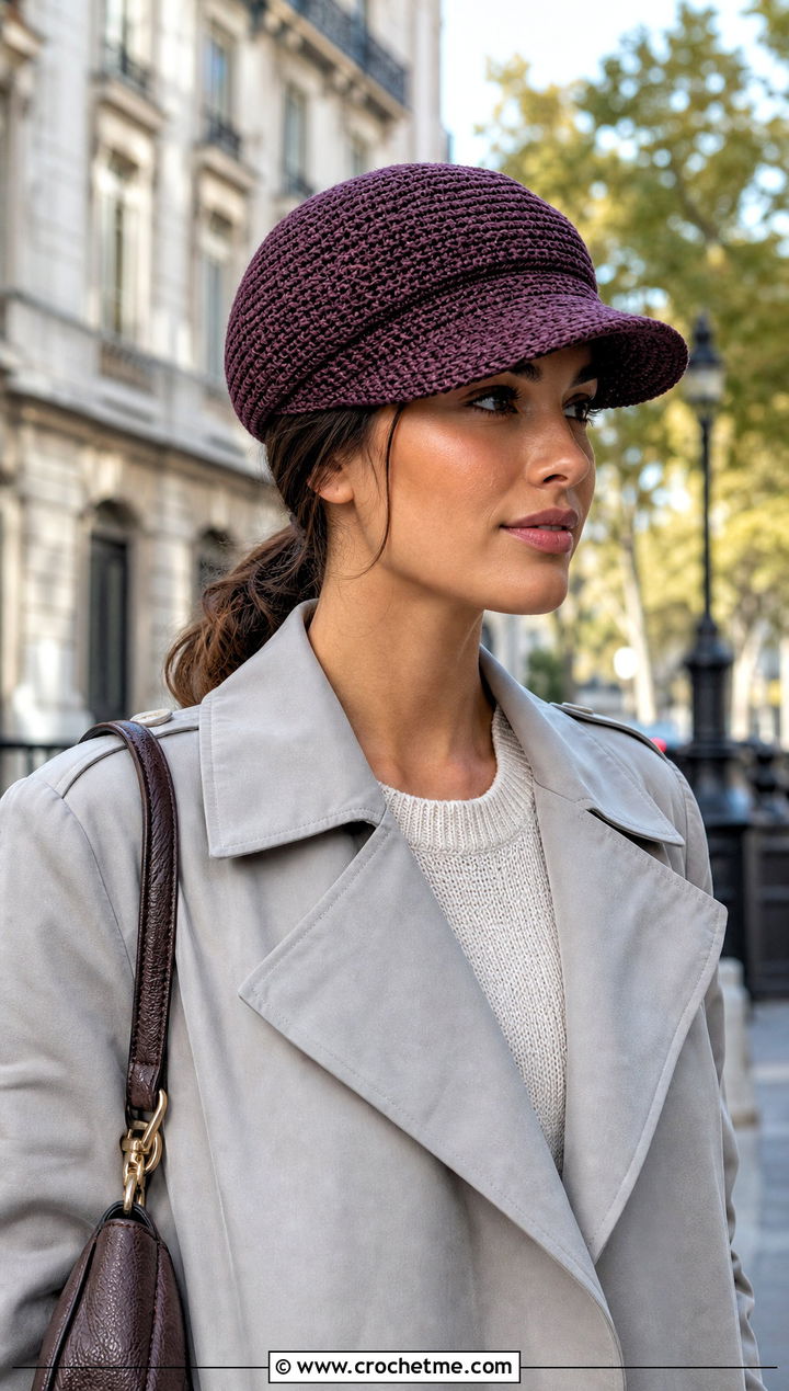 Crochet Raffia Newsboy Cap With Trench Coat - 30 crochet raffia hat outfit ideas