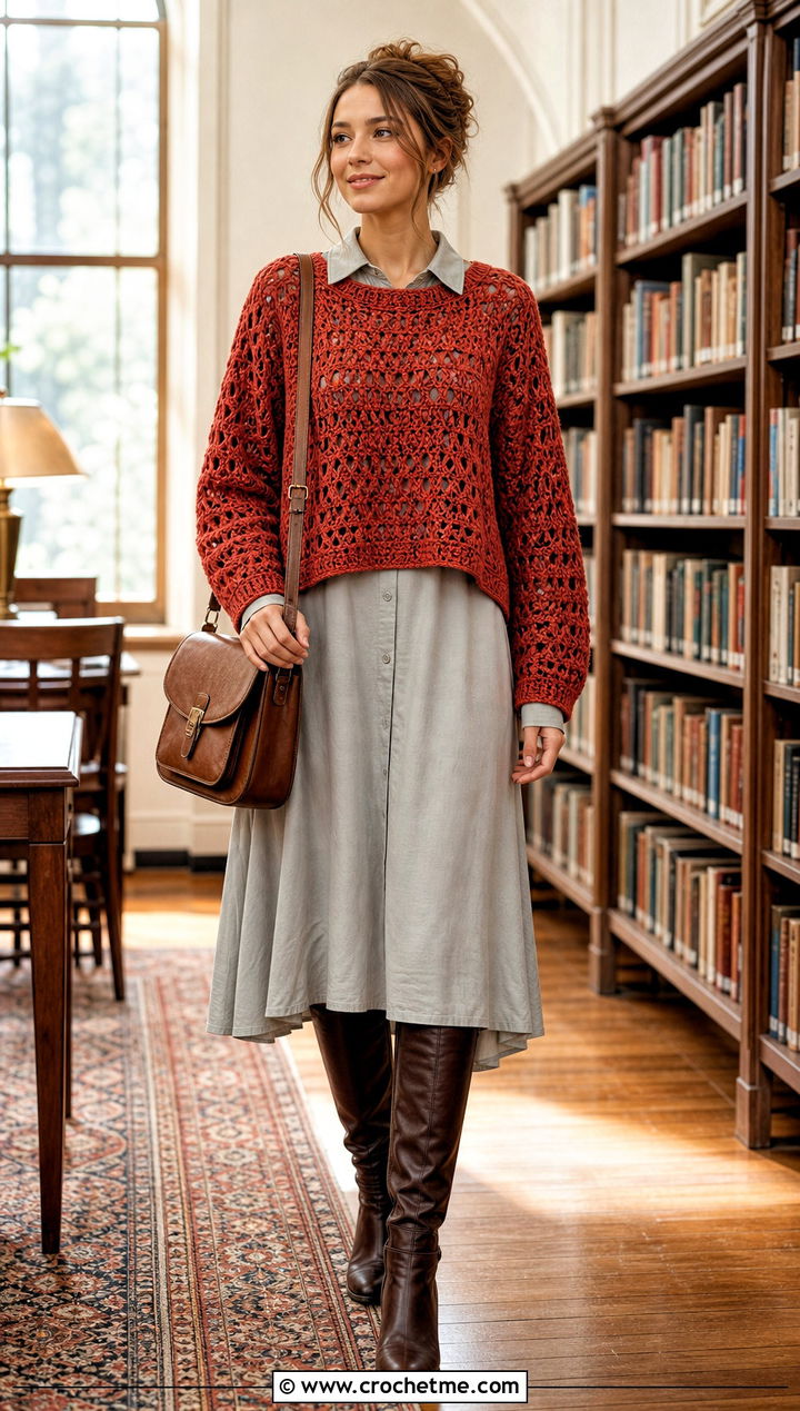 Crochet Raglan Sweater Top With Collared Dress - 35 crochet layering top outfit ideas