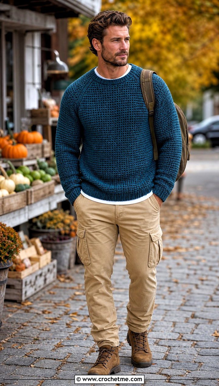 Crochet Raglan Sweater With Cargo Pants - 35 crochet man sweaters outfit ideas