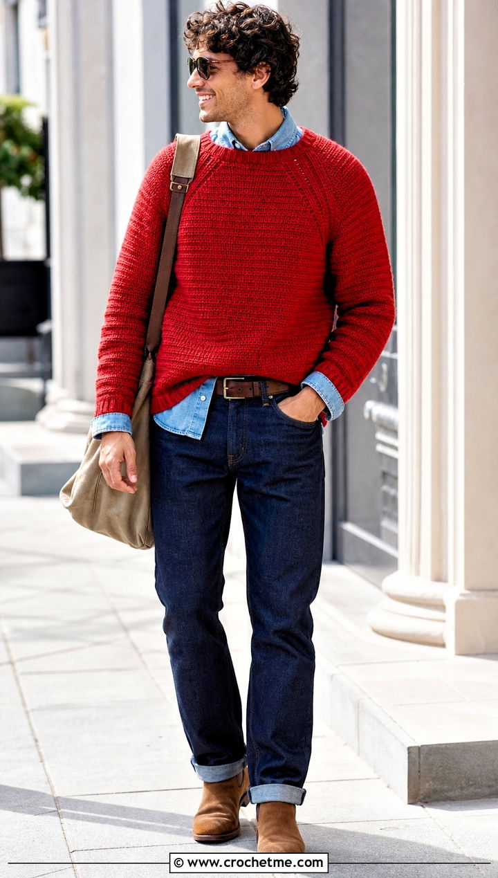Crochet Raglan Sweater With Double Denim - 30 Easy Crochet Mens Sweater outfit ideas