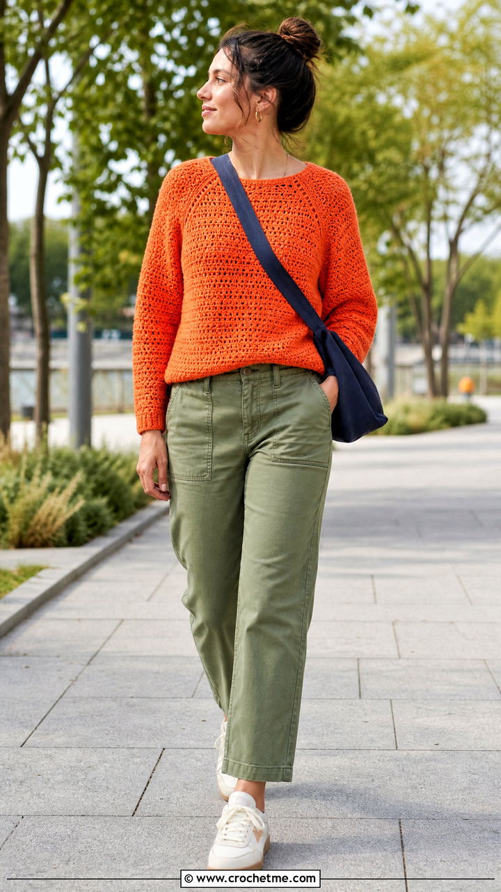 Crochet Raglan Sweater With Utility Pants - 35 easy crochet sweater outfit ideas