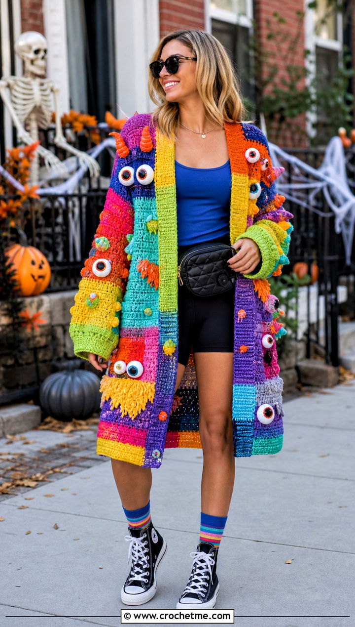 Crochet Rainbow Monster Cardigan With Bike Shorts - 35 Crochet Halloween Costume Women outfit ideas