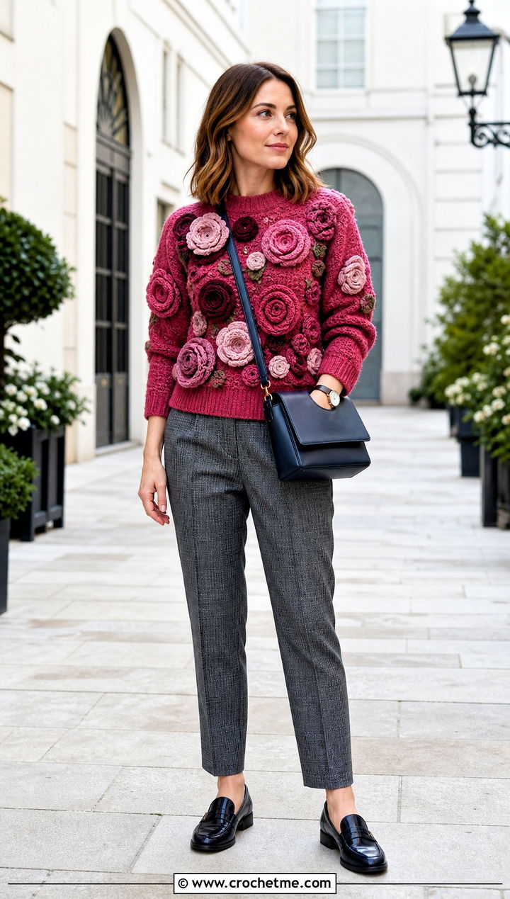 Crochet Ranunculus Sweater With Check Trousers - 30 crochet flowers on sweater outfit ideas