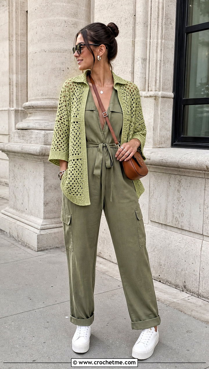 Crochet Relaxagon Shirt Over A Utility Jumpsuit - 30 crochet relaxagon shirt outfit ideas
