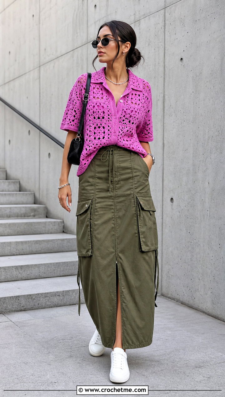 Crochet Relaxagon Shirt With Cargo Maxi Skirt - 30 crochet relaxagon shirt outfit ideas