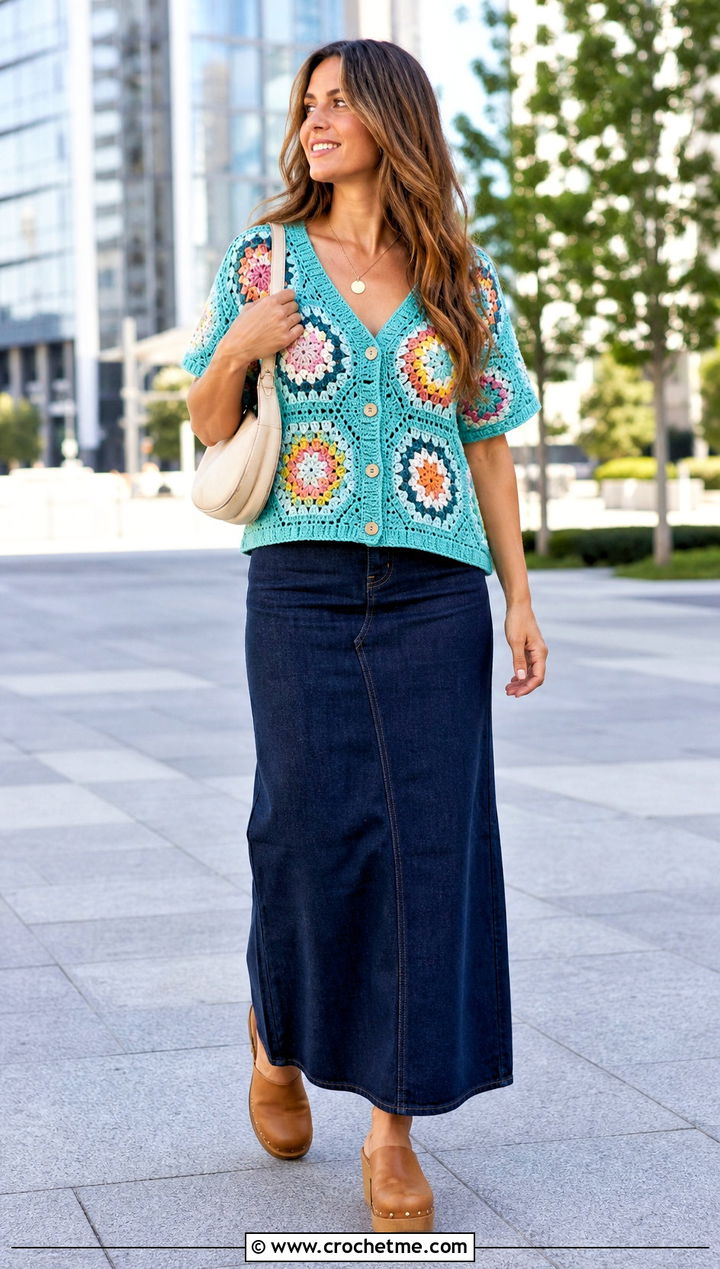 Crochet Relaxagon Shirt With Denim Maxi Skirt - 30 crochet relaxagon shirt outfit ideas