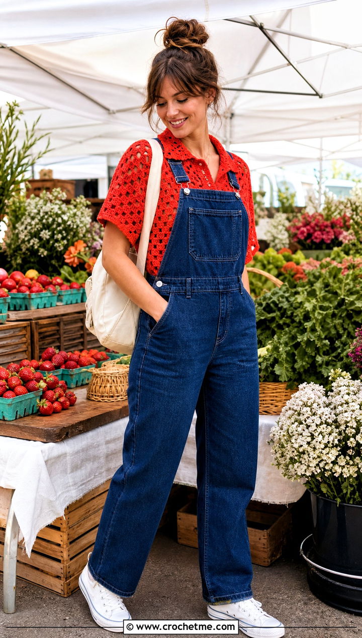 Crochet Relaxagon Shirt With Denim Overalls - 30 crochet relaxagon shirt outfit ideas
