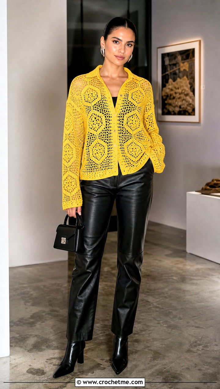 Crochet Relaxagon Shirt With Leather Pants - 30 crochet relaxagon shirt outfit ideas