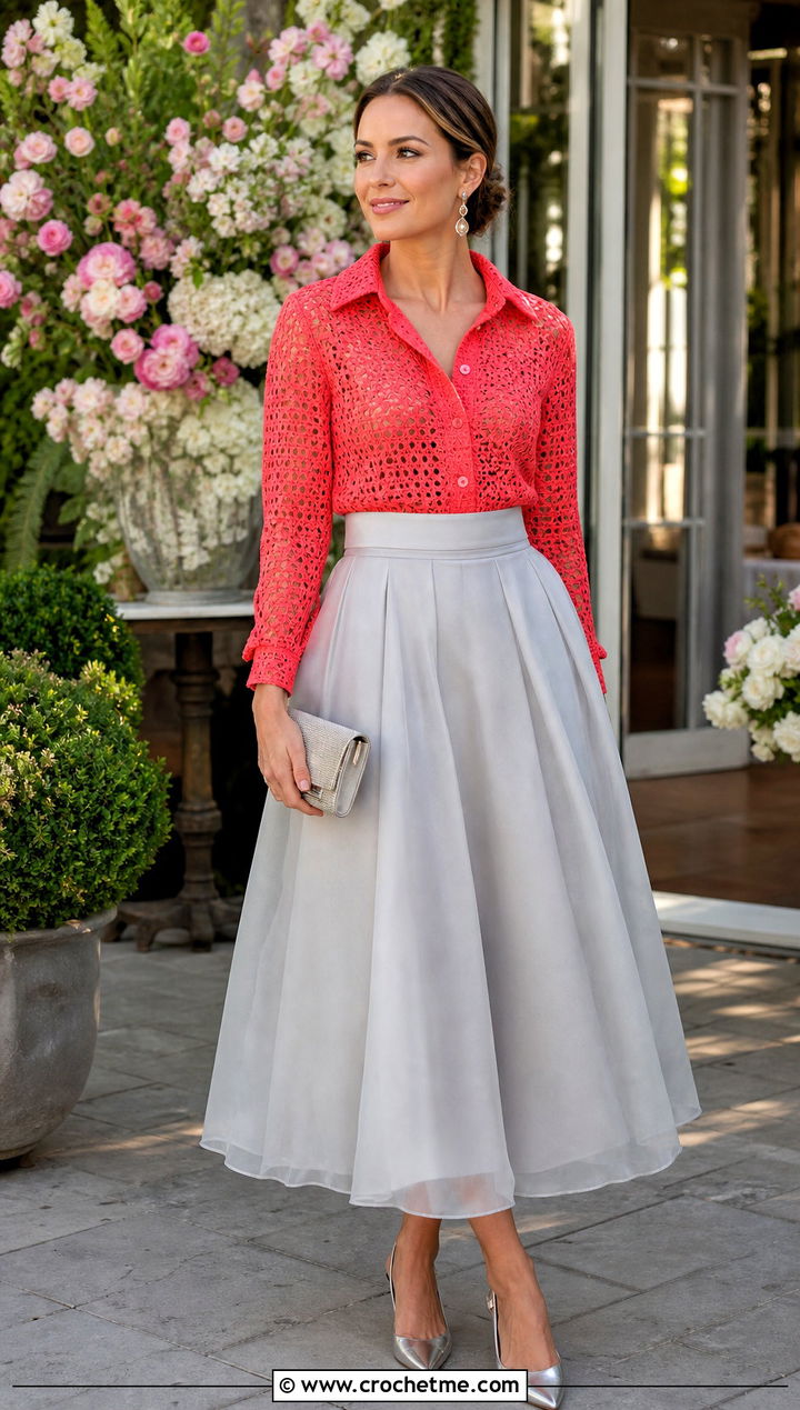 Crochet Relaxagon Shirt With Organza Midi Skirt - 30 crochet relaxagon shirt outfit ideas