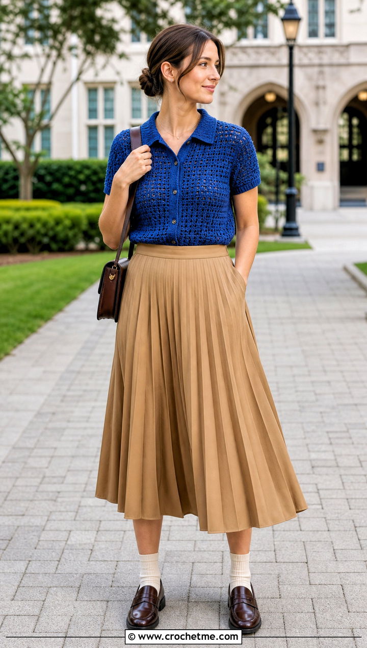 Crochet Relaxagon Shirt With Pleated Midi Skirt - 30 crochet relaxagon shirt outfit ideas