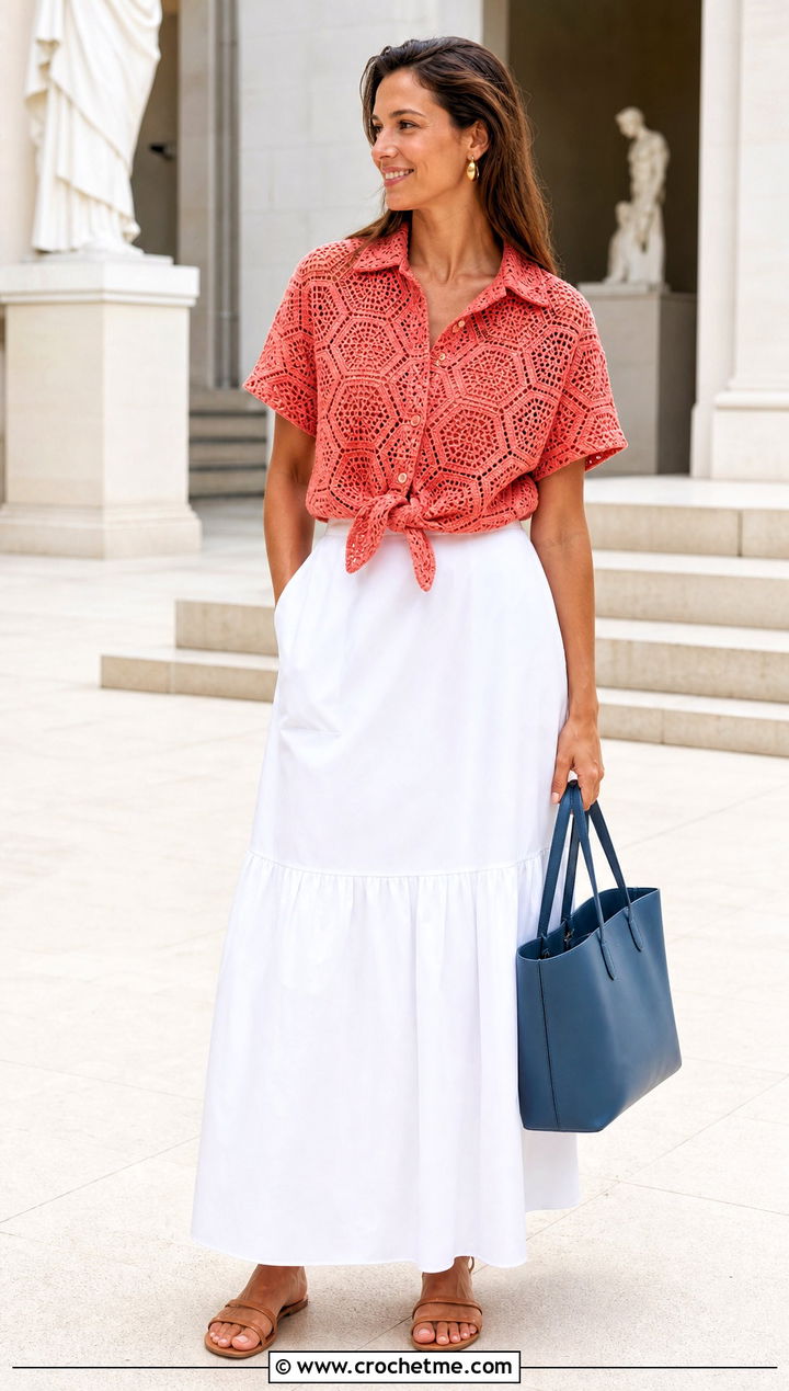 Crochet Relaxagon Shirt With Poplin Maxi Skirt - 30 crochet relaxagon shirt outfit ideas