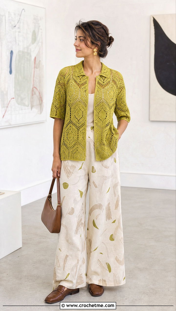 Crochet Relaxagon Shirt With Printed Trousers - 30 crochet relaxagon shirt outfit ideas