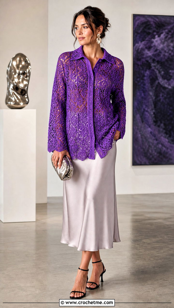 Crochet Relaxagon Shirt With Satin Midi Skirt - 30 crochet relaxagon shirt outfit ideas