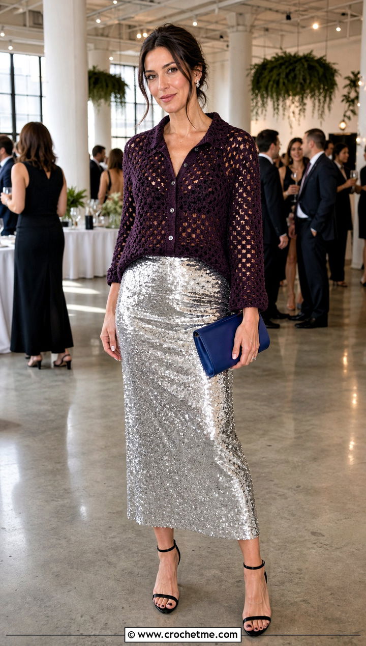 Crochet Relaxagon Shirt With Sequin Midi Skirt - 30 crochet relaxagon shirt outfit ideas