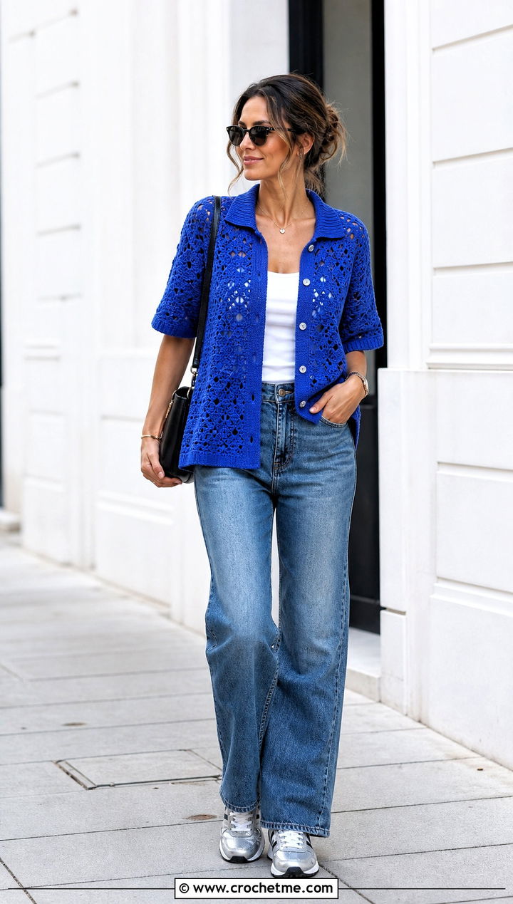 Crochet Relaxagon Shirt With Straight Leg Jeans - 30 crochet relaxagon shirt outfit ideas