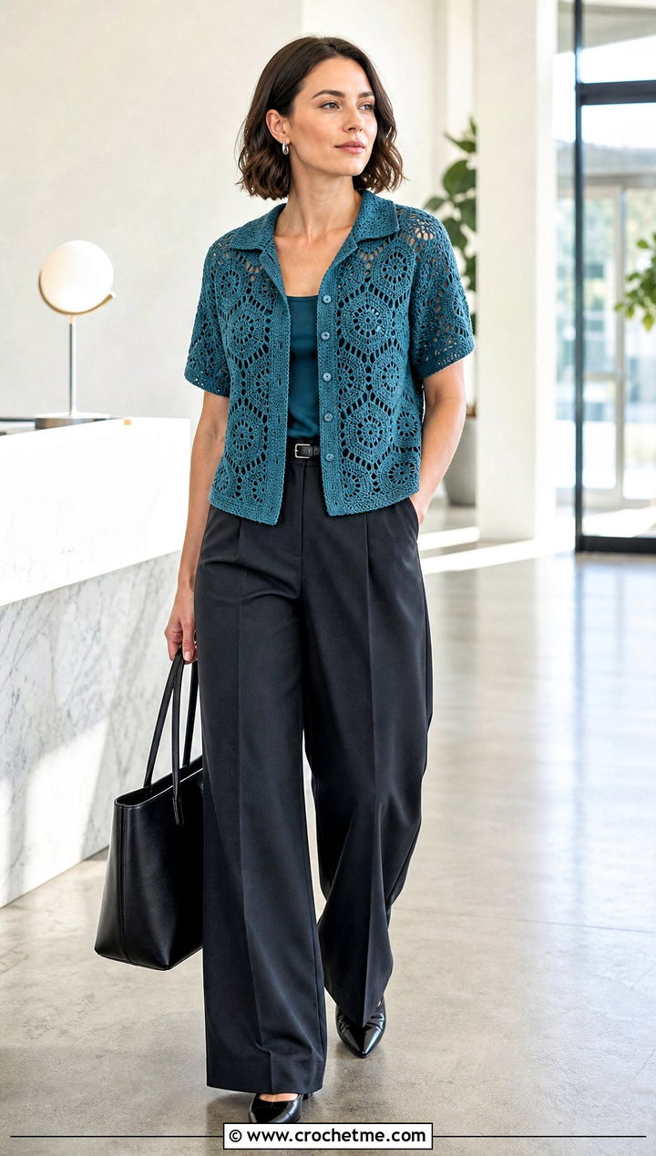Crochet Relaxagon Shirt With Wide Leg Trousers - 30 crochet relaxagon shirt outfit ideas