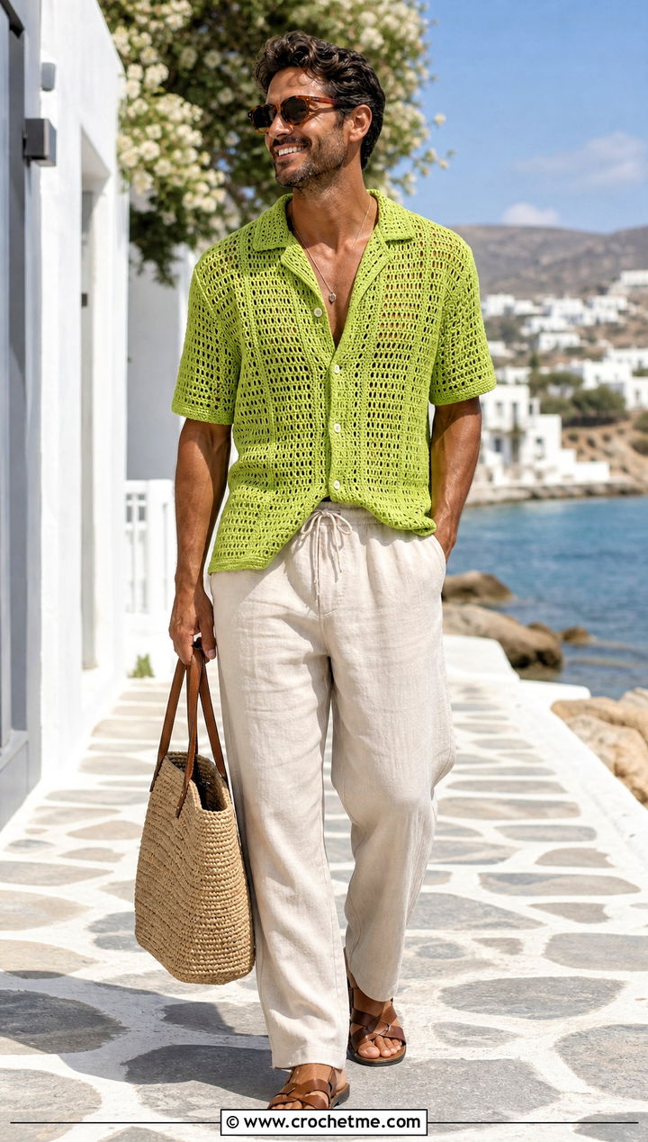 Crochet Resort Shirt With Drawstring Pants - 35 men's crochet shirt outfit ideas