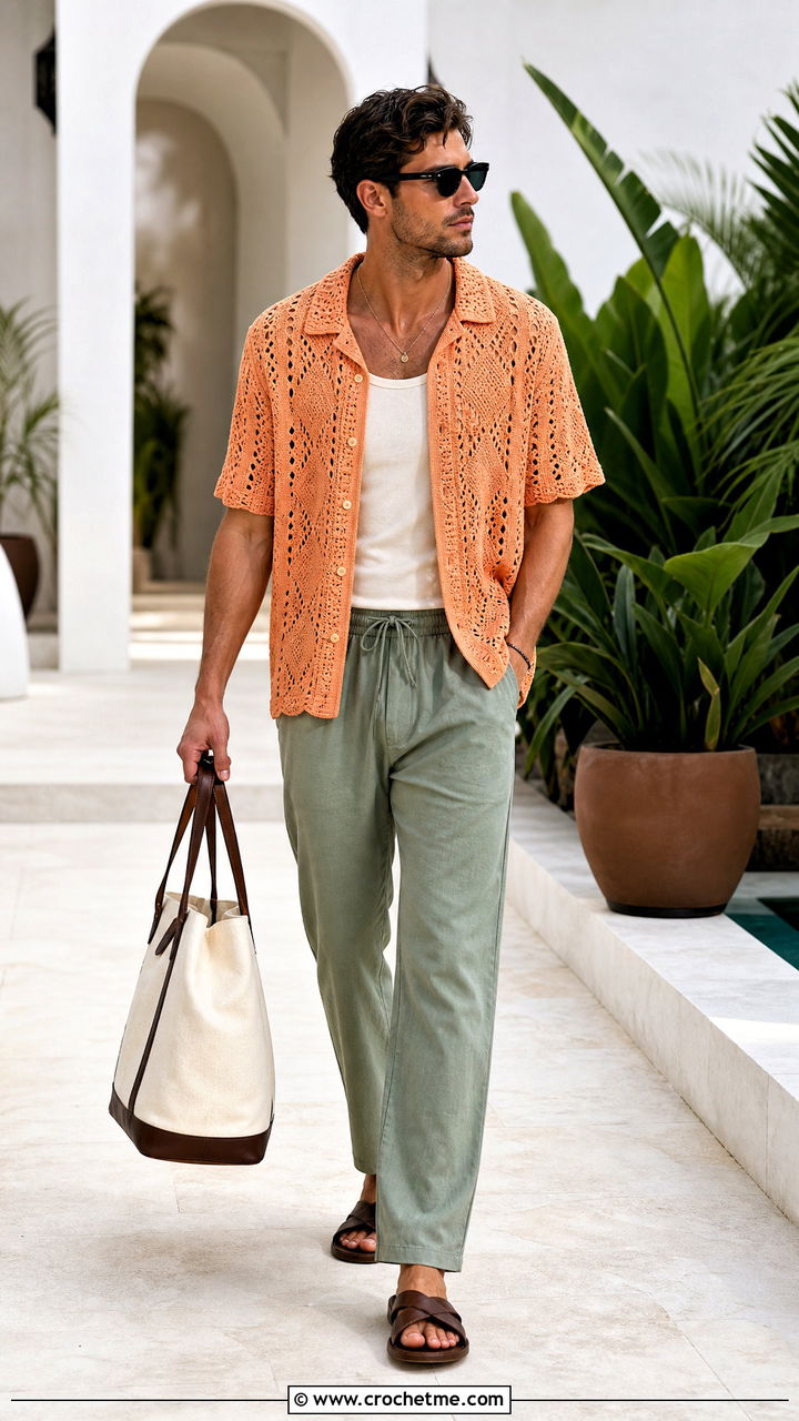 Crochet Resort Shirt With Drawstring Pants - 35 crochet men shirt outfit ideas