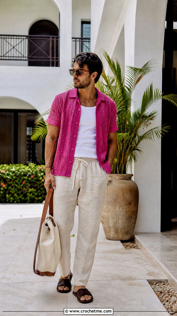 Crochet Resort Shirt With Linen Pants - 35 crochet outfits for men outfit ideas