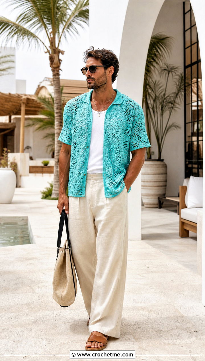 Crochet Resort Shirt With Linen Trousers - 35 crochet man shirt outfit ideas