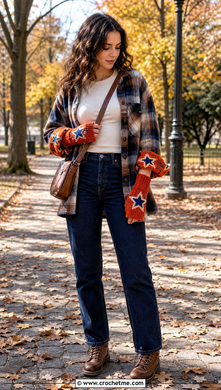 Crochet Reversible Star Gloves With Plaid Shacket - 35 crochet star gloves outfit ideas