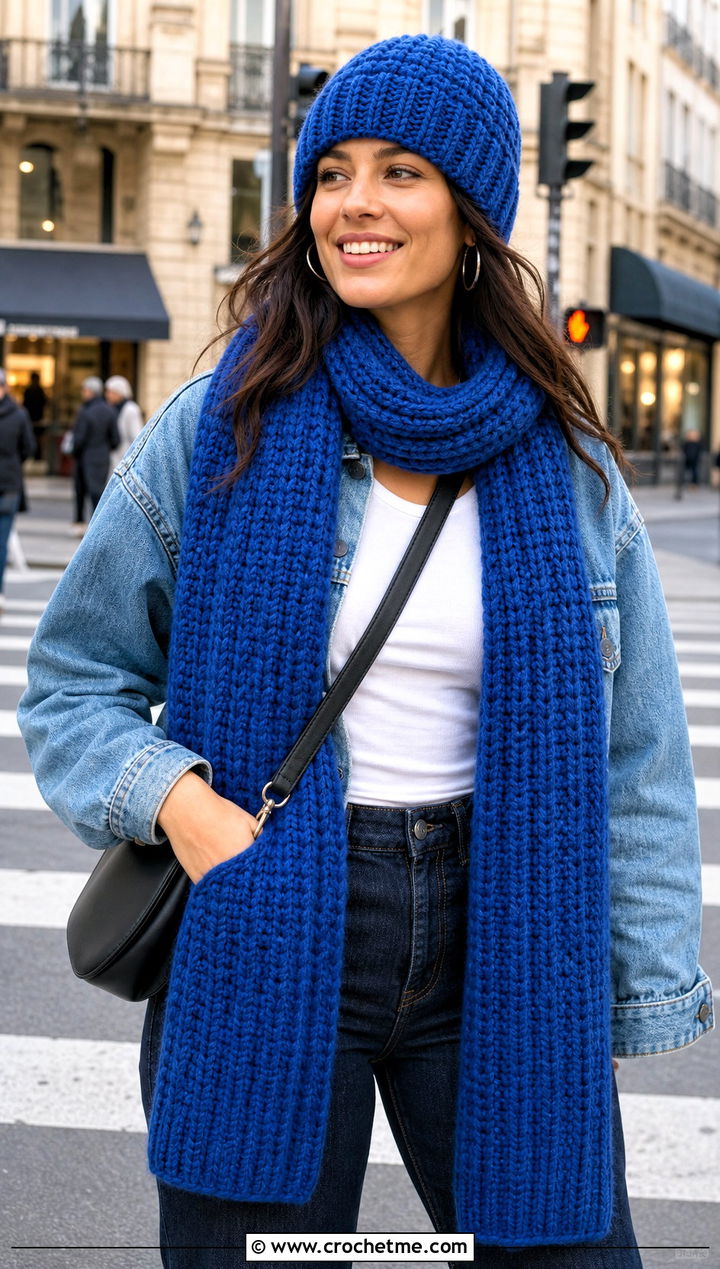 Crochet Ribbed Beanie And Long Scarf With Denim Jacket - 15 Crochet Scarf Hat outfit ideas