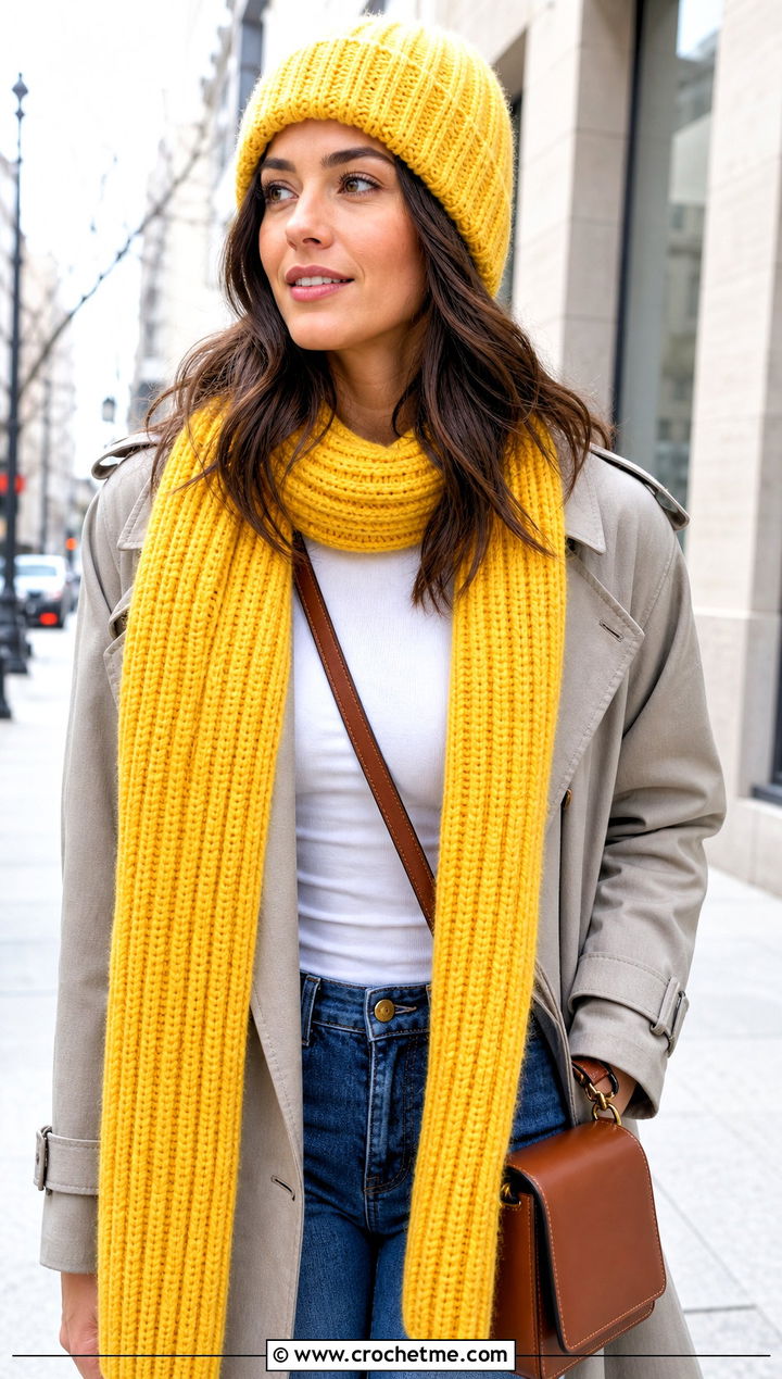 Crochet Ribbed Beanie And Long Scarf With Trench Coat - 25 crochet scarf hat combo outfit ideas