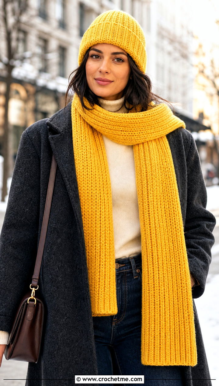 Crochet Ribbed Beanie And Long Scarf With Wool Coat - 15 Easy Crochet Hat And Scarf Set outfit ideas