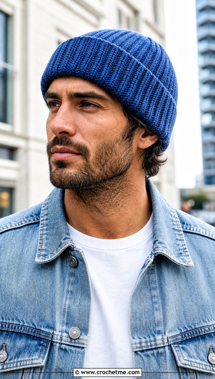 Crochet Ribbed Beanie With Denim Jacket - 15 Unique Crochet Men Hat outfit ideas