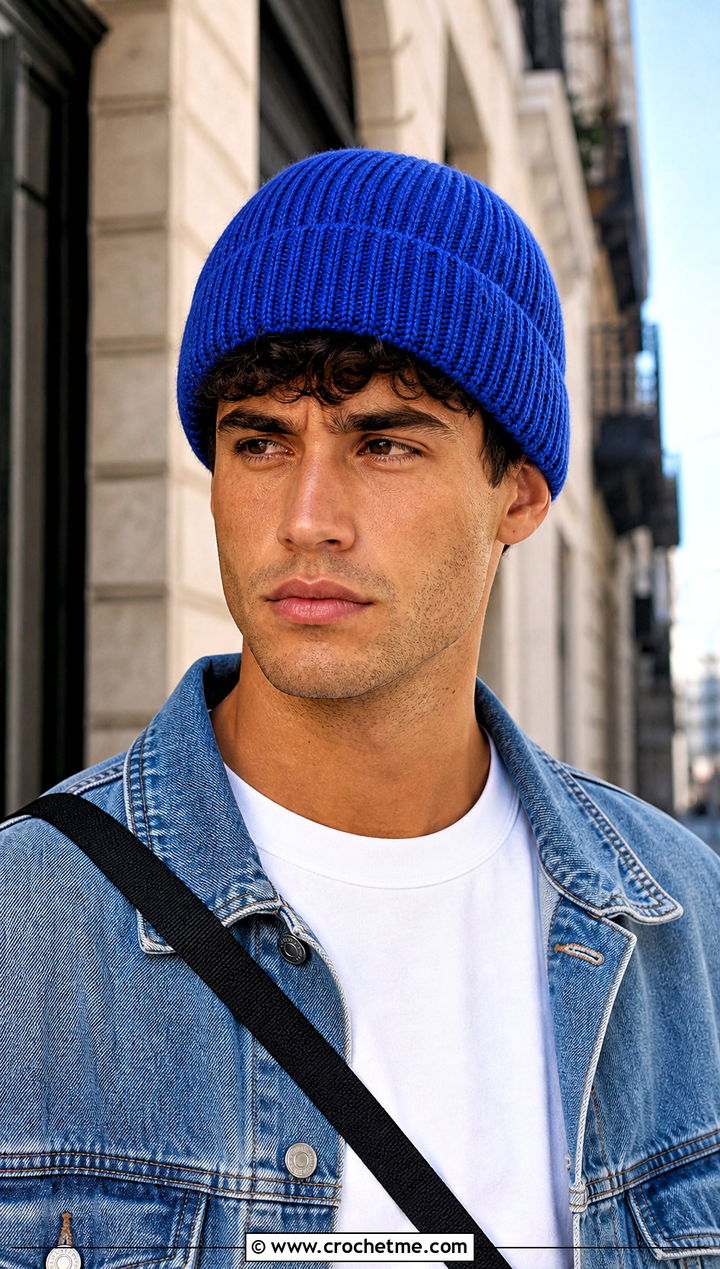 Crochet Ribbed Beanie With Denim Jacket - 15 Crochet Mens Hats outfit ideas