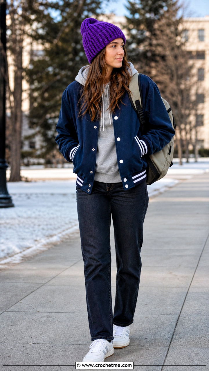 Crochet Ribbed Beanie With Varsity Jacket - 35 crochet winter clothes and outfit ideas