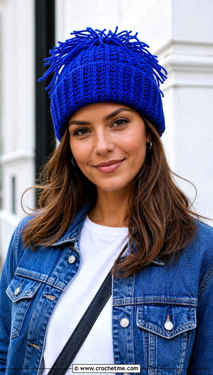 Crochet Ribbed HDC Fun Fringe Hat With Denim Jacket - 15 Crochet Ribbed Hdc Fun Fringe Hat outfit ideas