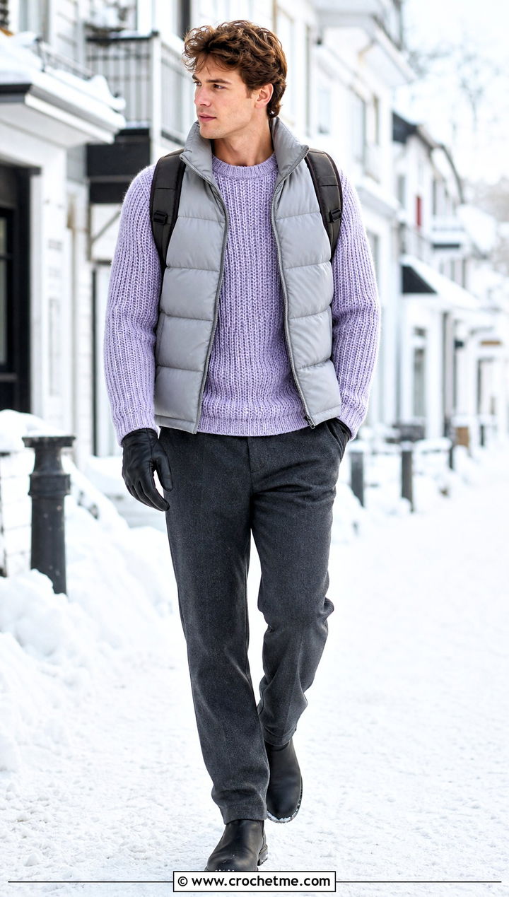 Crochet Ribbed Sweater With Wool Trousers And Puffer Vest - 30 Easy Crochet Mens Sweater outfit ideas