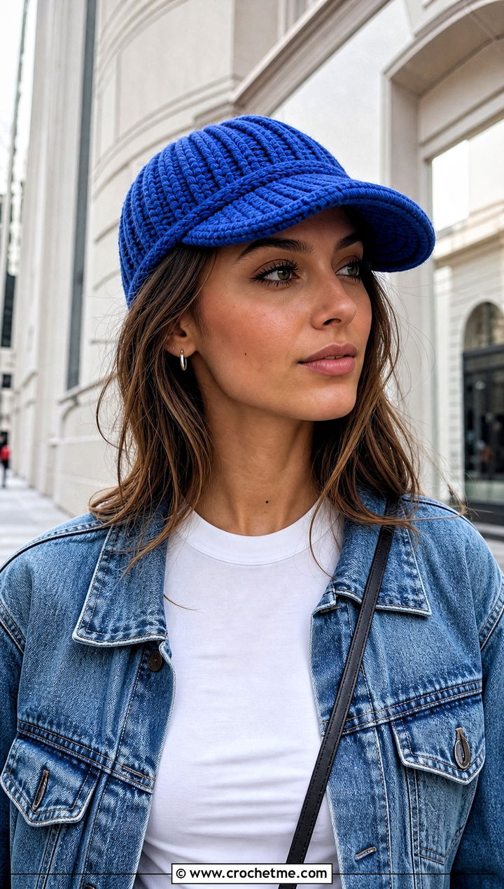 Crochet Ribbed Visor Beanie With Denim Jacket - 20 Crochet Beanie With Brim outfit ideas