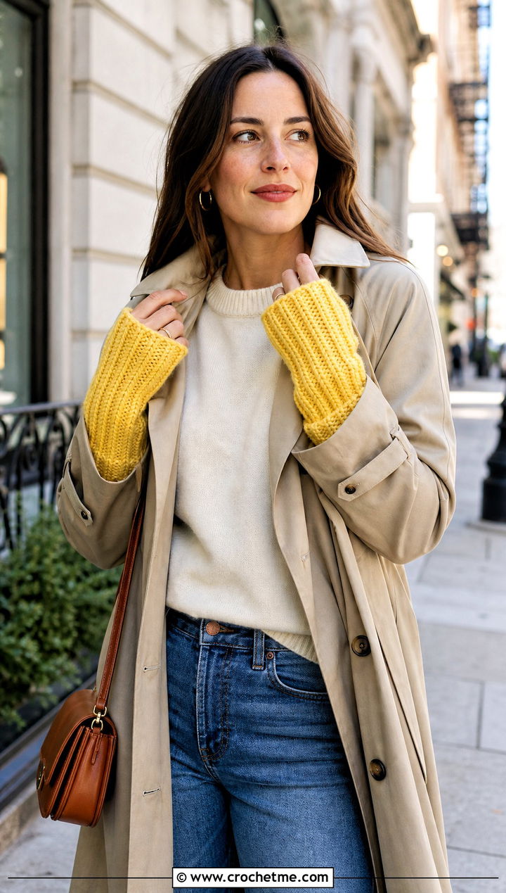 Crochet Ribbed Wrist Warmers With Trench Coat And Jeans - 15 Crochet Tipless Gloves outfit ideas