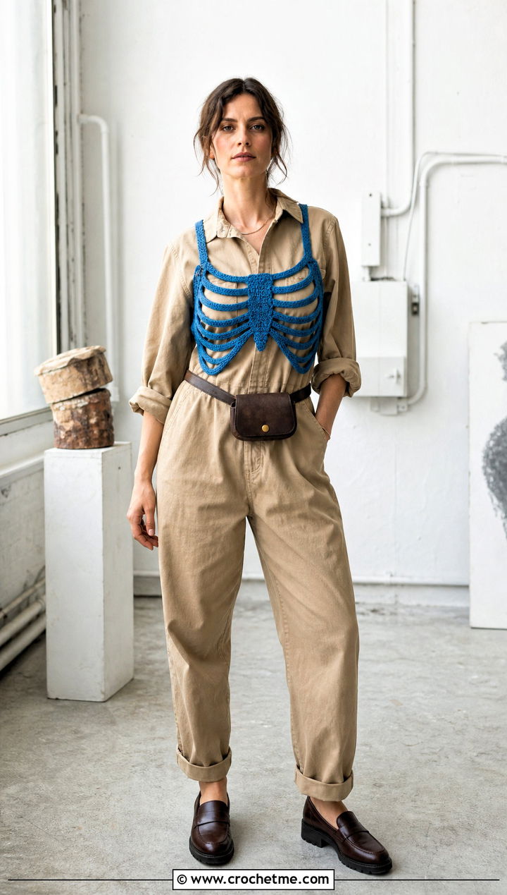 Crochet Ribcage Bralette Top Over A Utility Jumpsuit - 35 crochet skeleton top outfit ideas