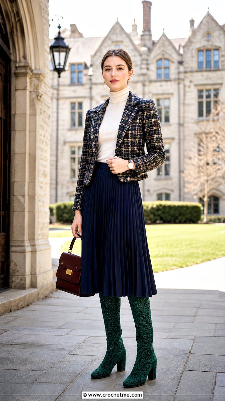 Crochet Riding Boots With Pleated Midi Skirt - 35 crochet boots outfit ideas
