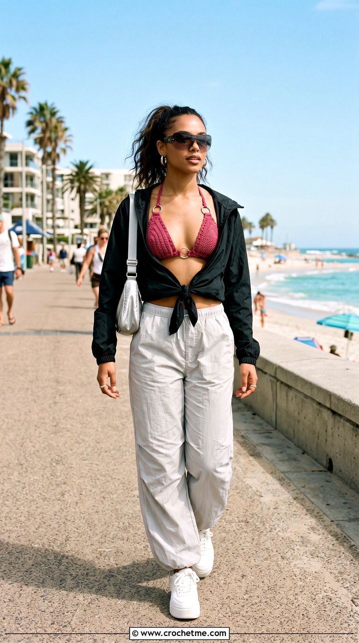 Crochet Ring Detail Bikini With Parachute Pants - 35 crochet swimsuit outfit ideas