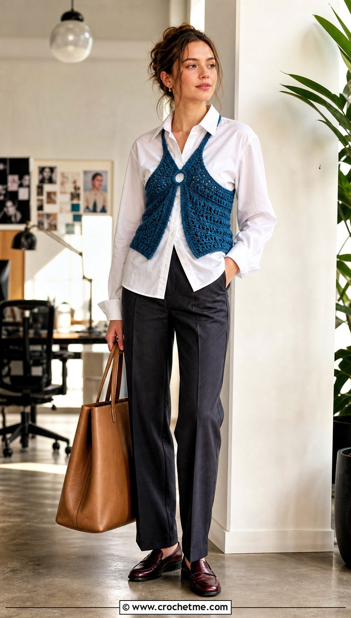 Crochet Ring Halter Vest With Button Down Shirt - 25 Crochet Top With Ring In The Middle outfit ideas
